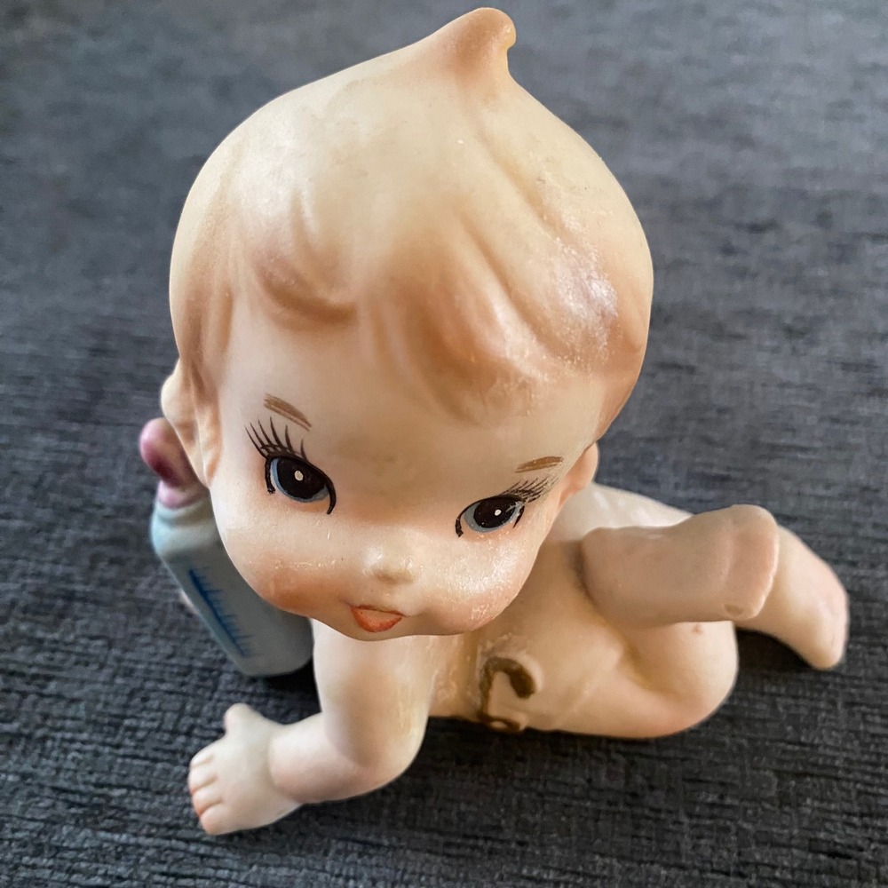 Vintage Ceramic‎ Baby Figurine Crawling with Bottle Japan Nursery Decor 1950s